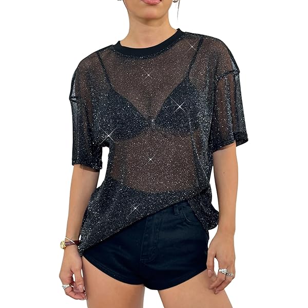 CERYIWER Womens See Through Shirts Short Sleeve Sexy Mesh